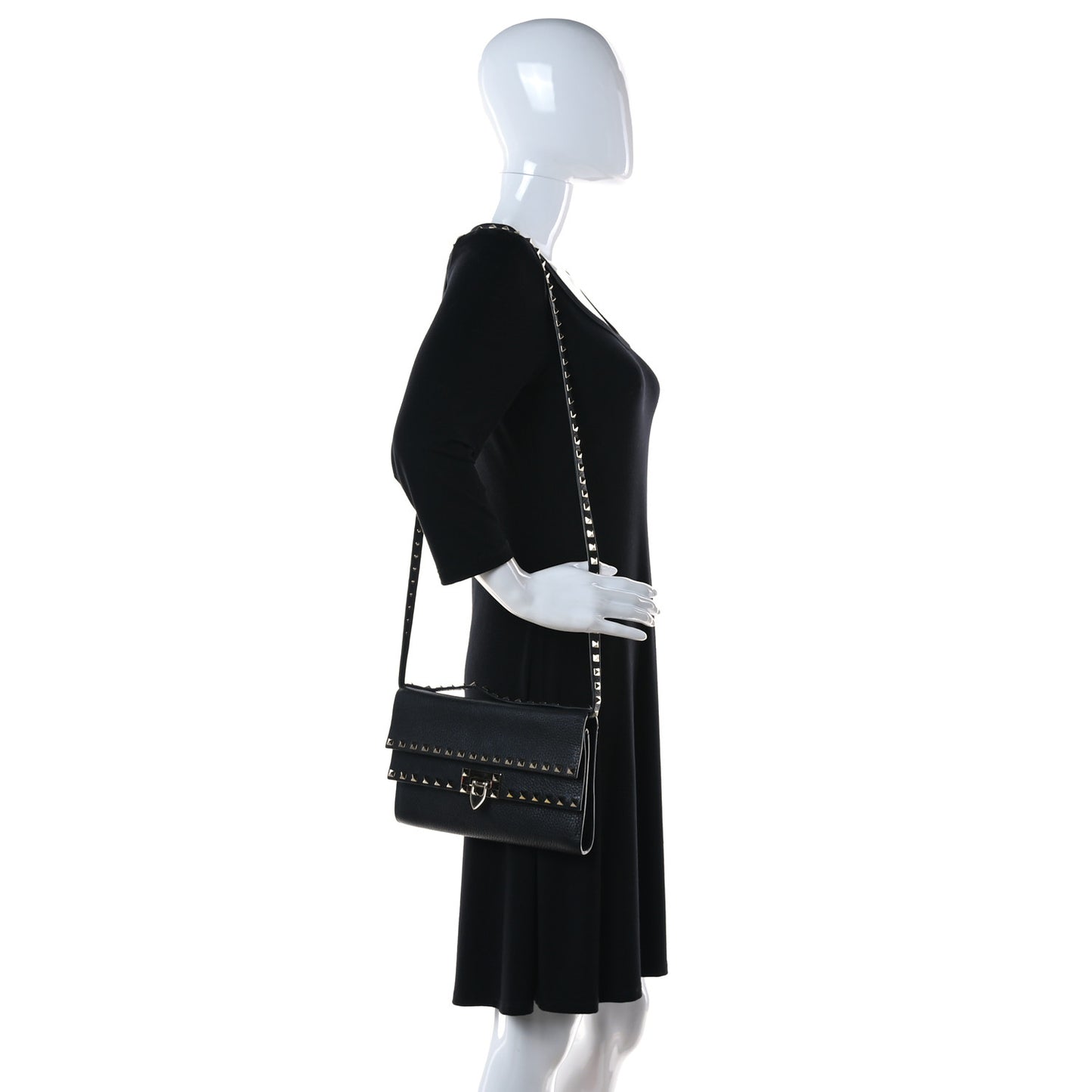 Pebbled Calfskin Rockstud Double Flap Crossbody Bag Black