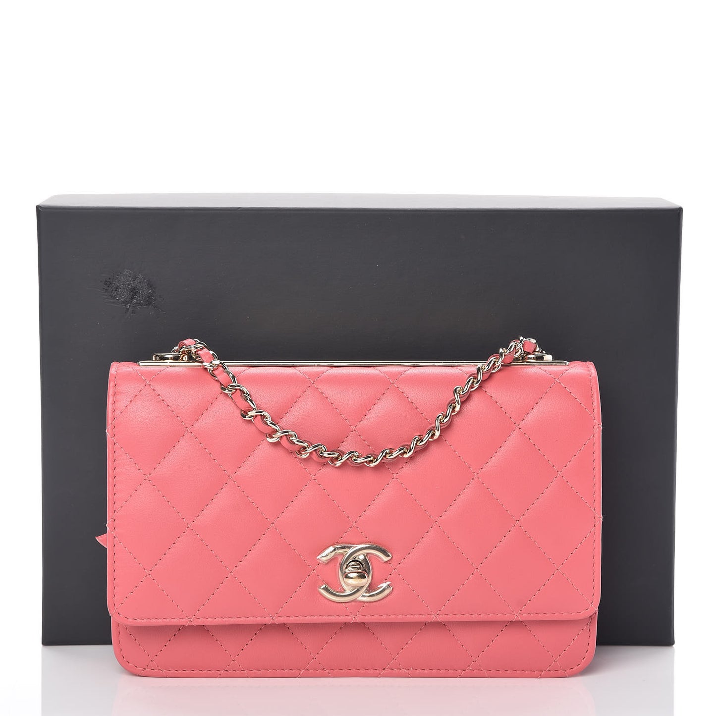 Lambskin Quilted Trendy CC Wallet On Chain WOC Bright Pink