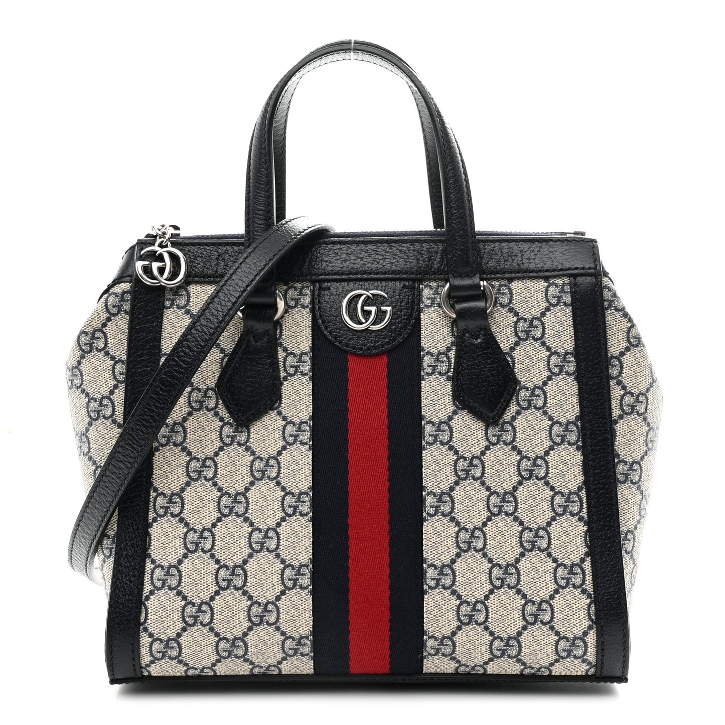 GG Supreme Monogram Textured Dollar Calfskin Web Small Ophidia Tote Bag Beige Blue