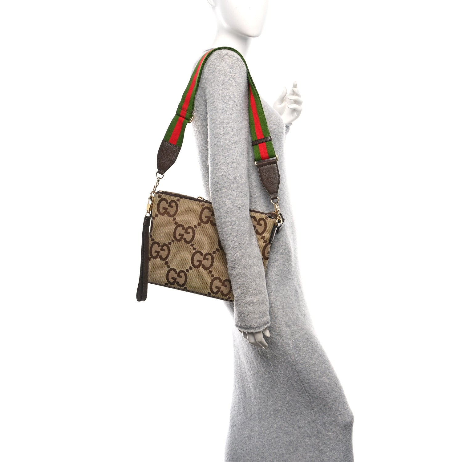 Gucci Monogram Jumbo GG Textured Dollar Calfskin Web Wristlet Messenger Bag Camel Ebony New Acero 2 of 9