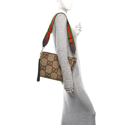 Gucci Monogram Jumbo GG Textured Dollar Calfskin Web Wristlet Messenger Bag Camel Ebony New Acero 2 of 9