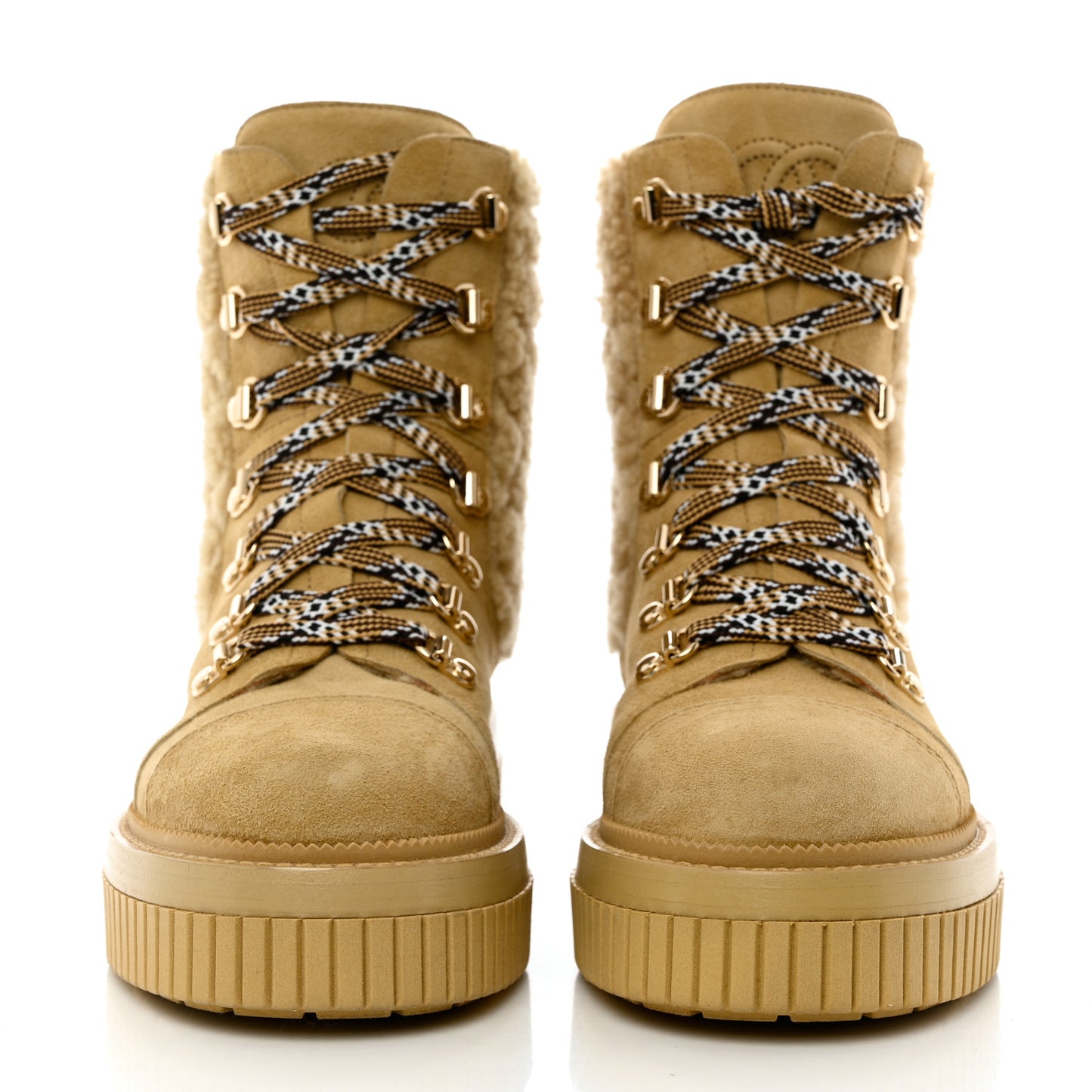 Suede Shearling Quilted CC Combat Boots 36 Beige