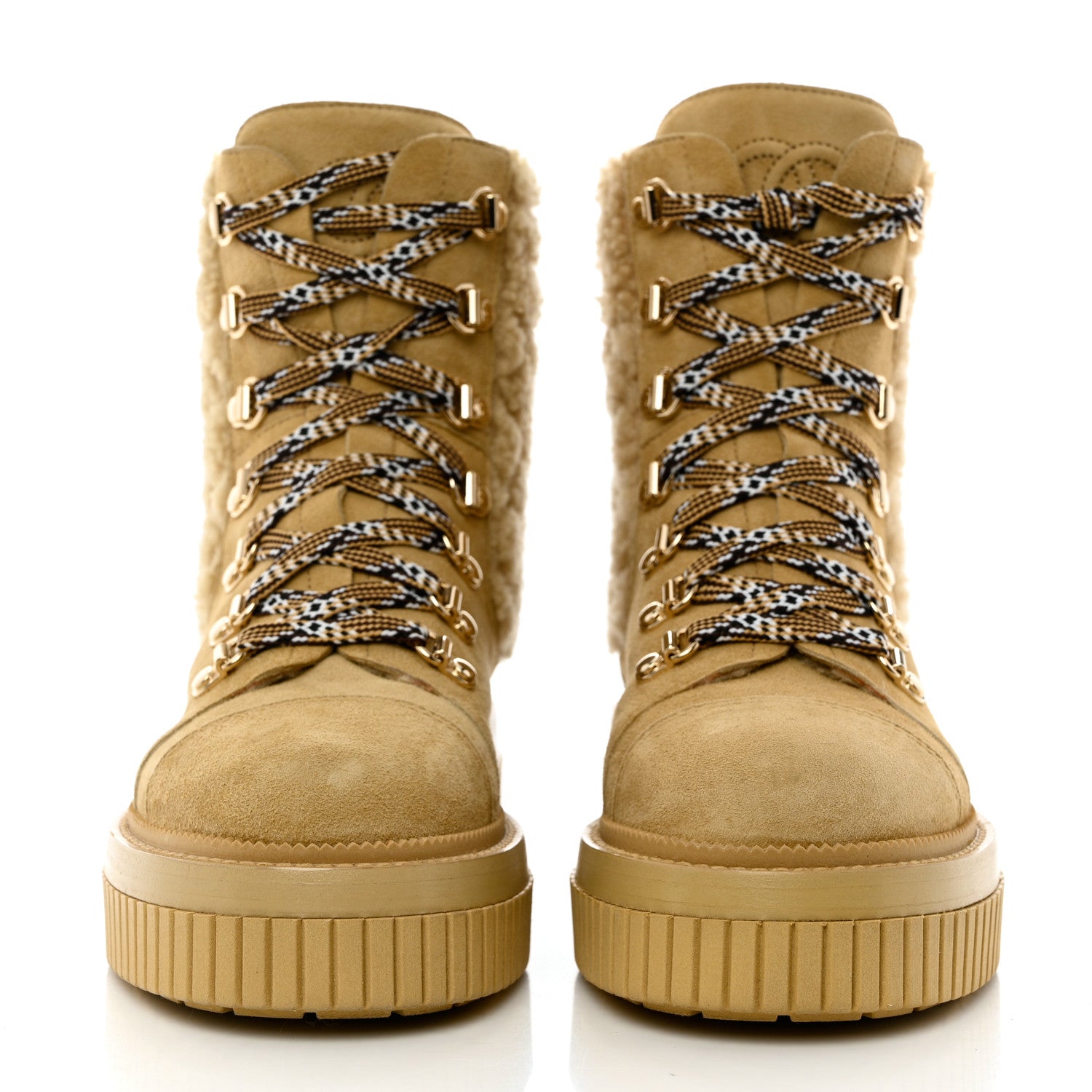 Chanel Suede Shearling Quilted CC Combat Boots 36 Beige 2 of 9