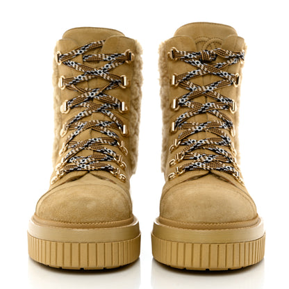 Chanel Suede Shearling Quilted CC Combat Boots 36 Beige 2 of 9