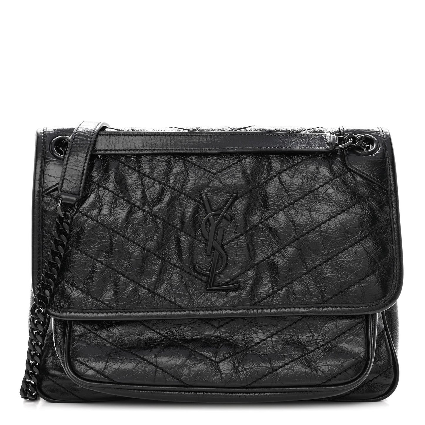 Crinkled Calfskin Matelasse Monogram Medium Niki Chain Satchel Black
