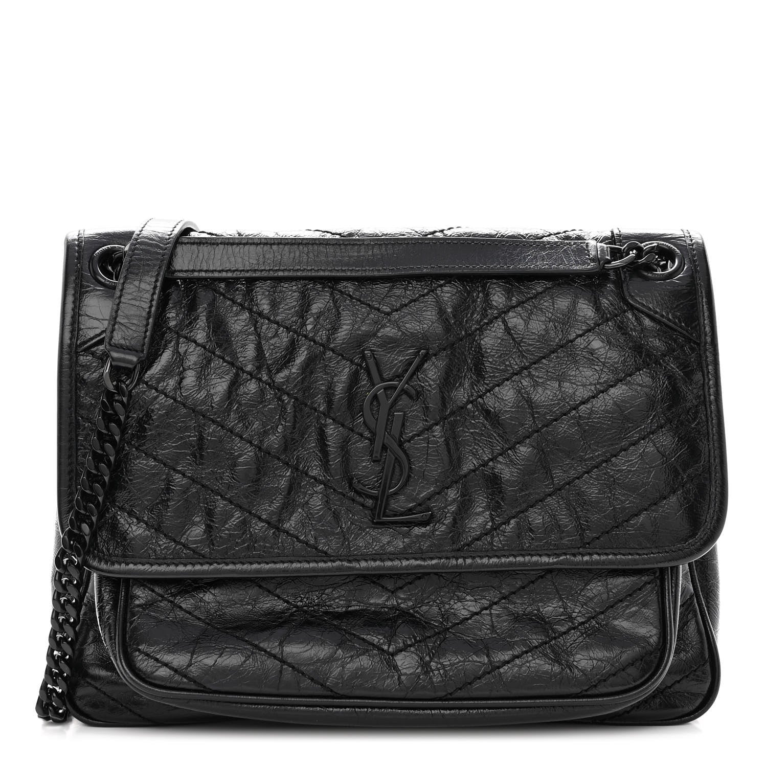 Saint Laurent Crinkled Calfskin Matelasse Monogram Medium Niki Chain Satchel Black 1 of 10