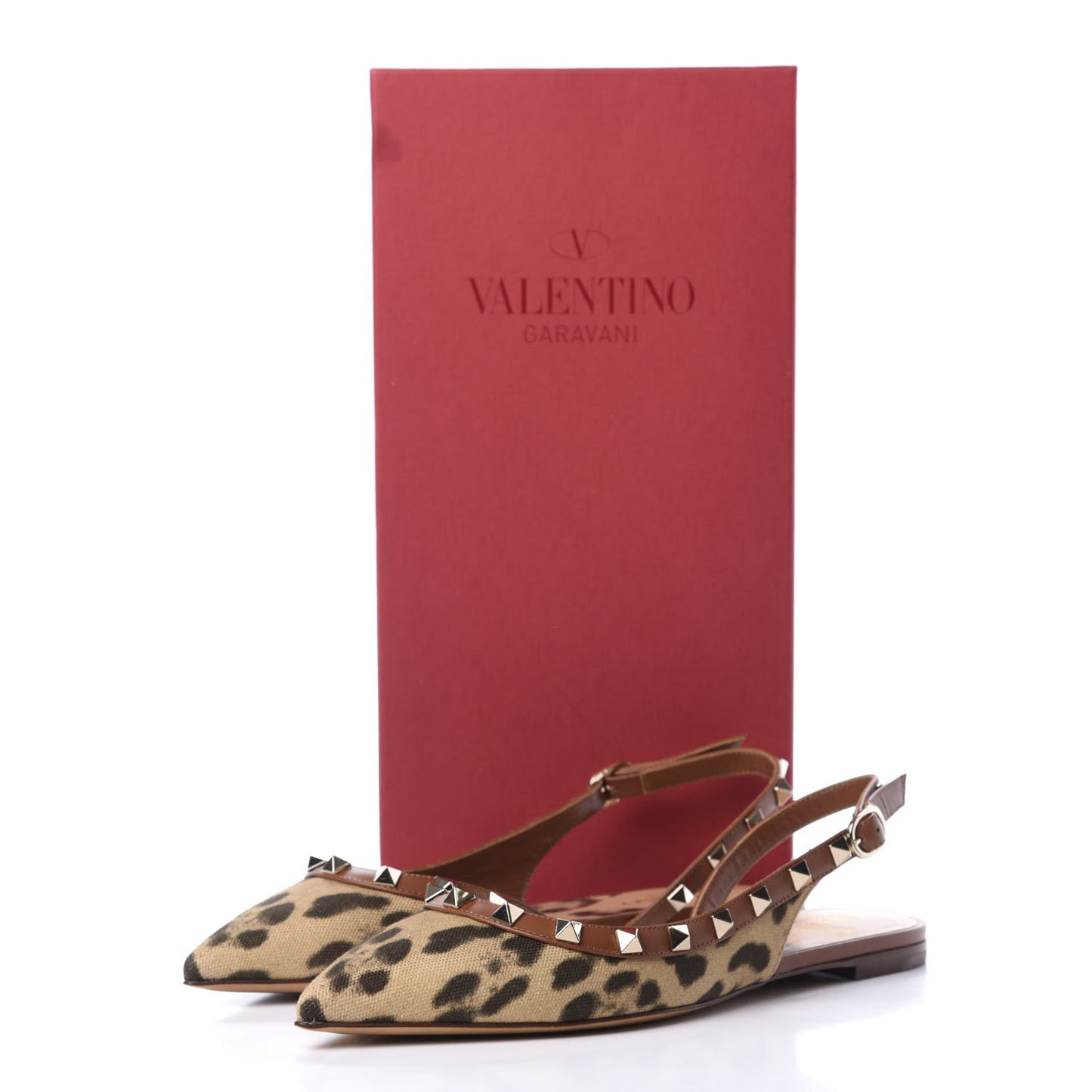 Canvas Leopard Print Rockstud Slingback Flats 36 Brown