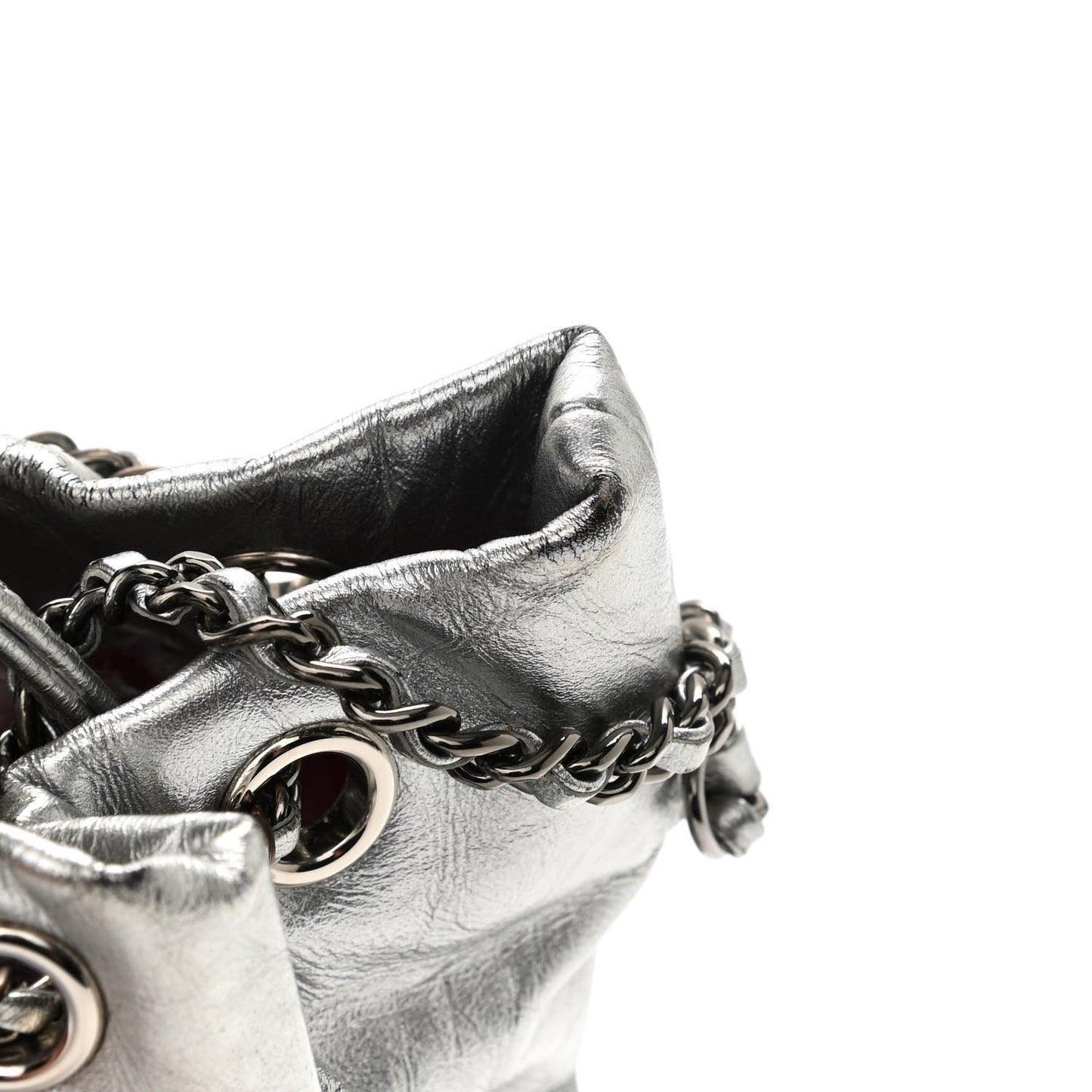 Metallic Aged Calfskin Quilted Small Gabrielle Bucket Silver
