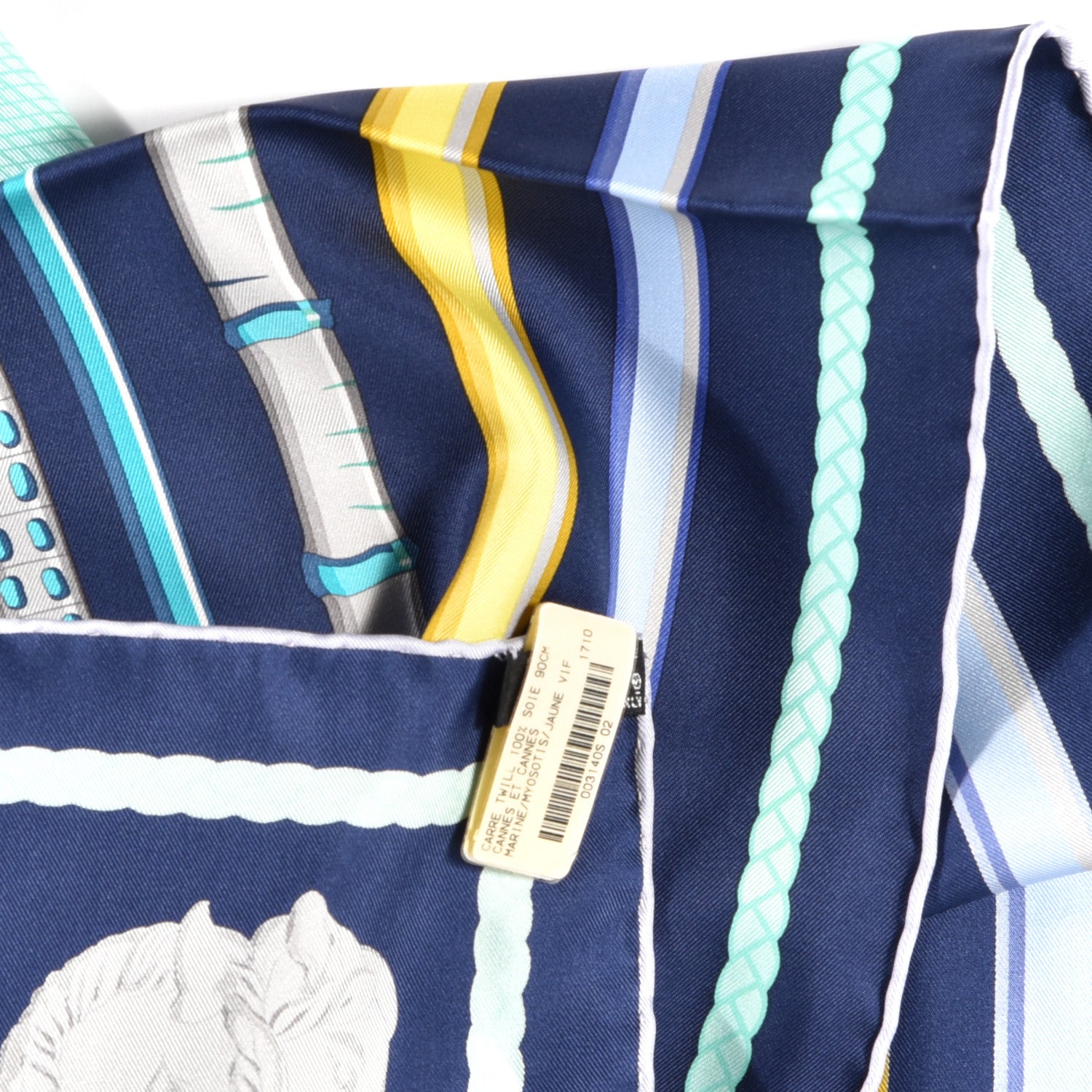 Hermes Silk Cannes Et Cannes Scarf 90 Marine Myosotis Jaune Vif 3 of 3