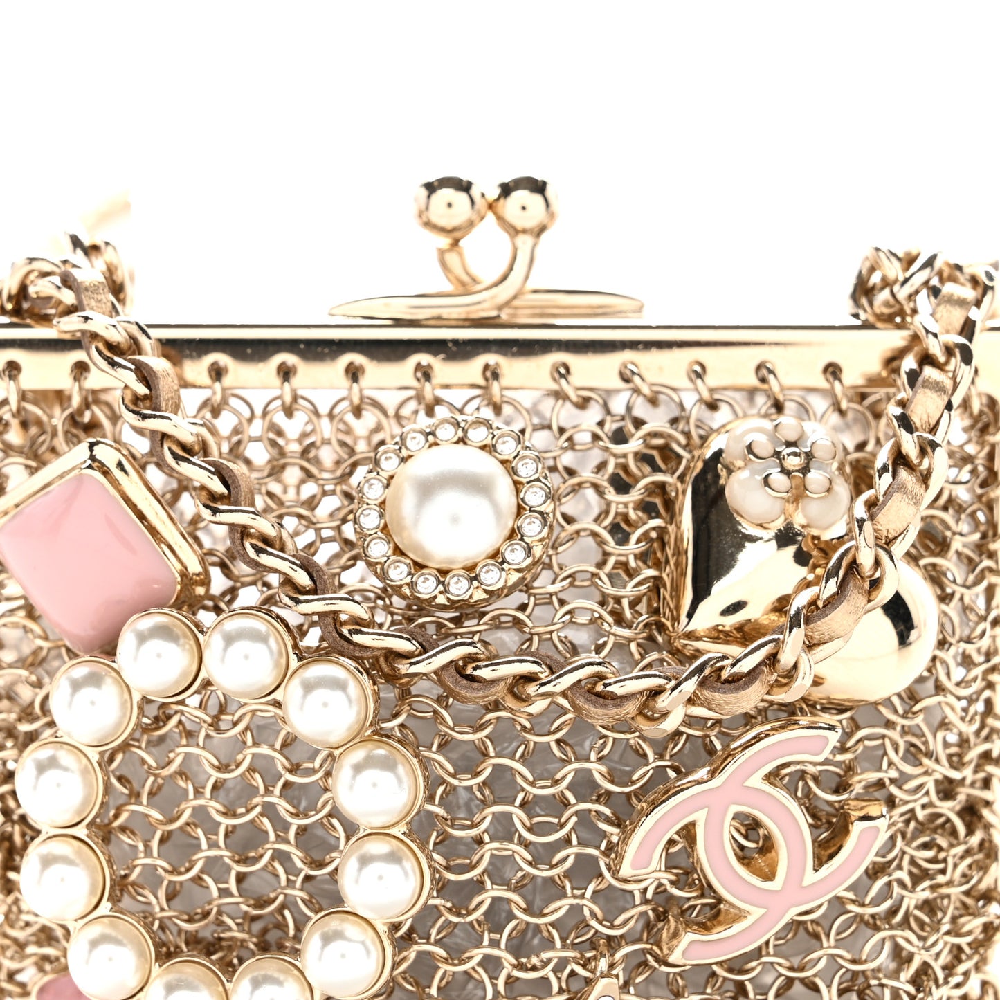 Metal Pearl Enamel Kiss Lock Chain Mail Charm Clutch Gold