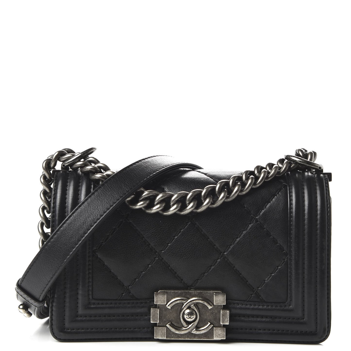 Calfskin Double Stitch Small Boy Flap Black
