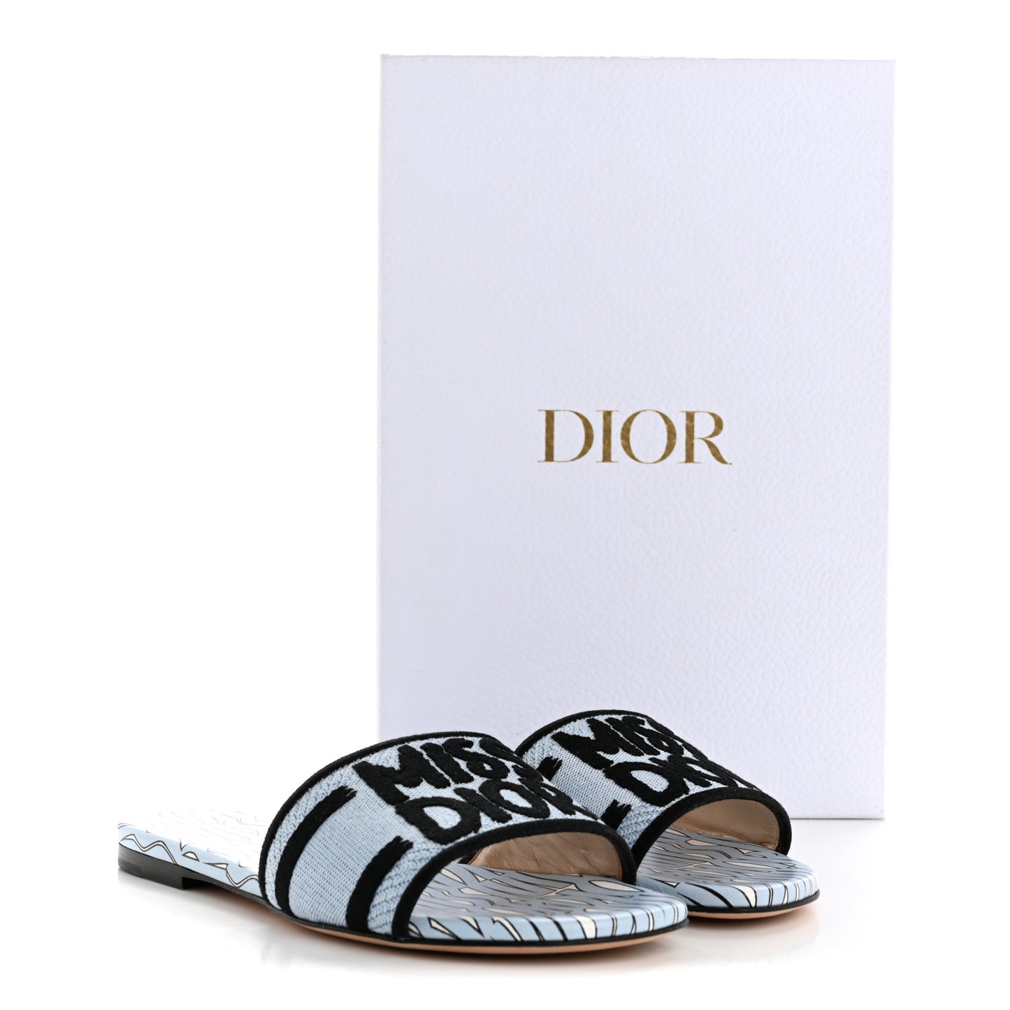 Canvas Embroidered Miss Dior Allover Dway Flat Slide Sandals 36 Azure Pale