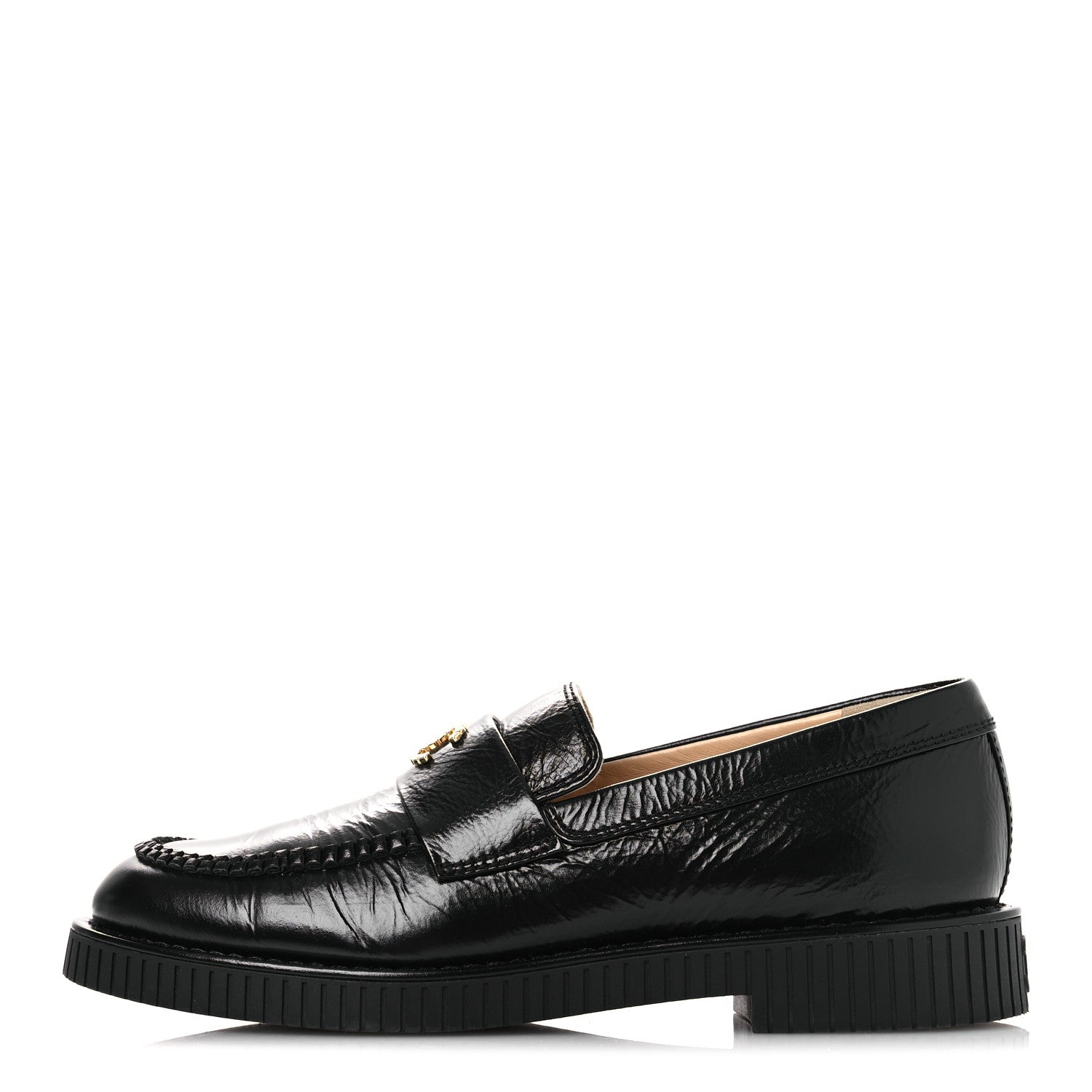 Chanel Shiny Crumpled Calfskin CC Mocassin Loafers 38.5 Black 1 of 12