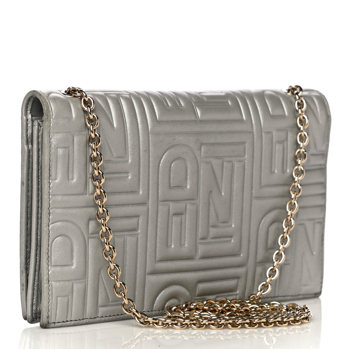 Metallic Nappa Logo Embossed Long Wallet On Chain Silver