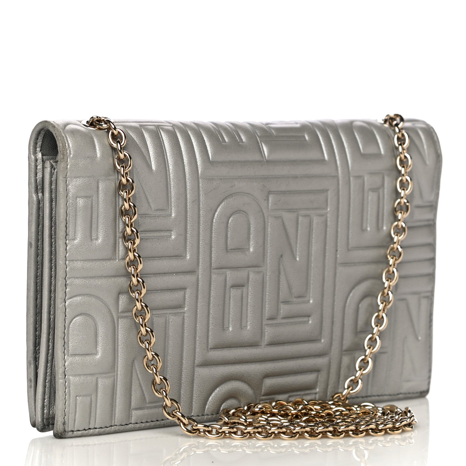 Fendi Metallic Nappa Logo Embossed Long Wallet On Chain Silver 5 of 26