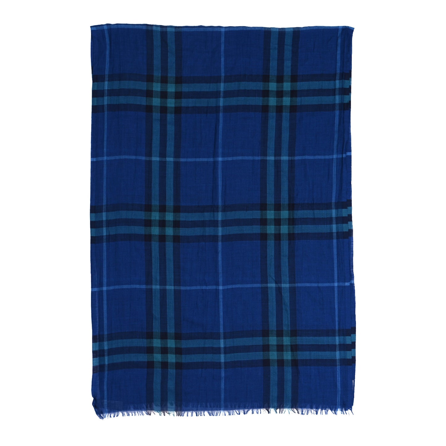 Wool Silk Check Fringe Scarf Blue
