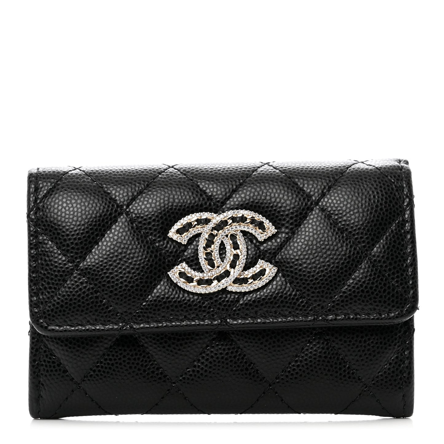 Caviar Quilted Crystal CC Flap Card Holder Black
