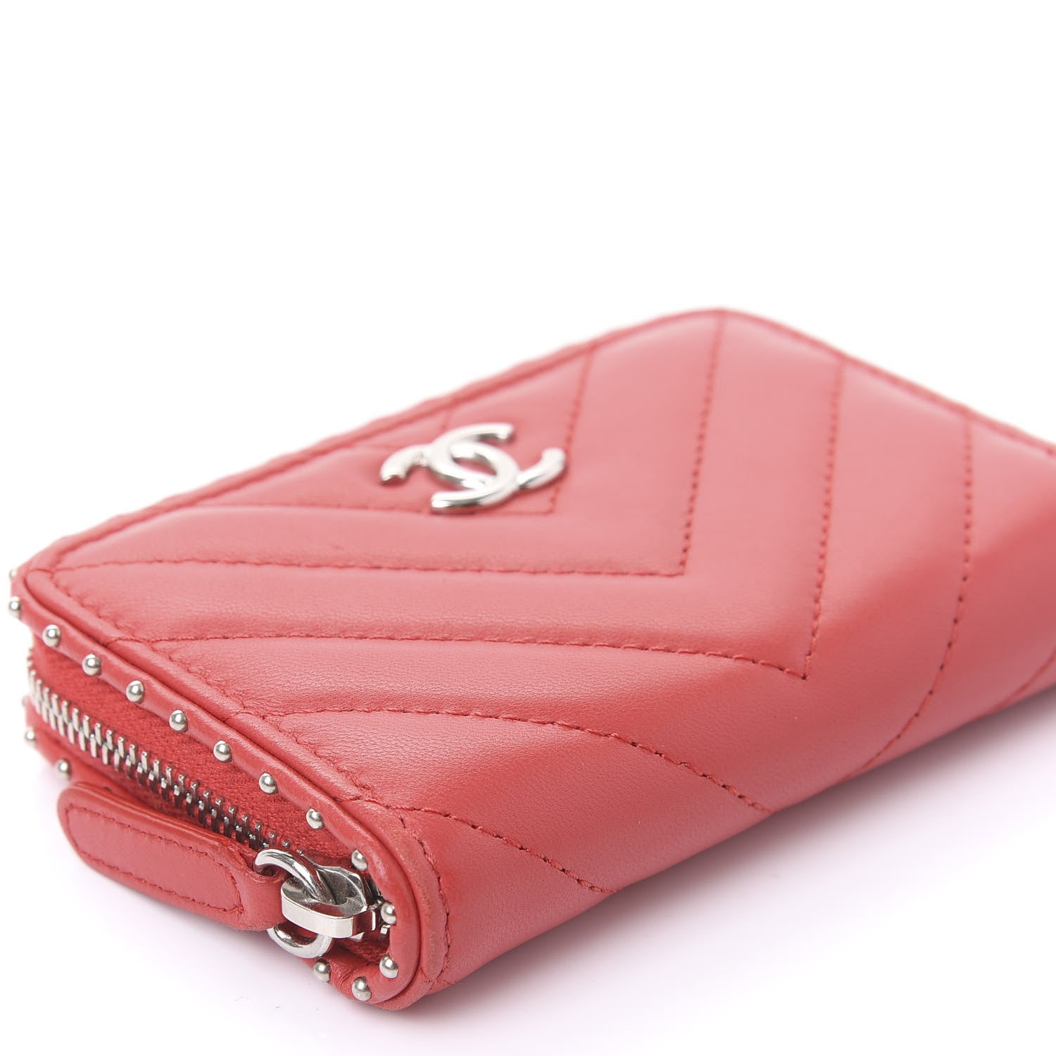 Chanel Lambskin Chevron Quilted Studded Zip Around Coin Purse Red 6 of 11