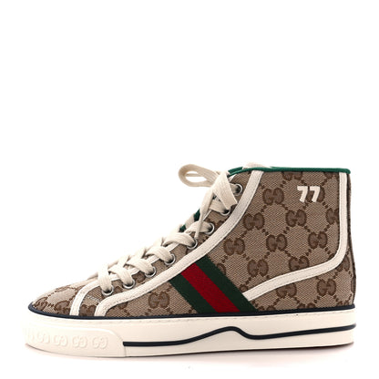 Gucci GG Monogram Web Mens 1977 Tennis High Top Sneakers 35 Beige Ebony Mystic White 1 of 7
