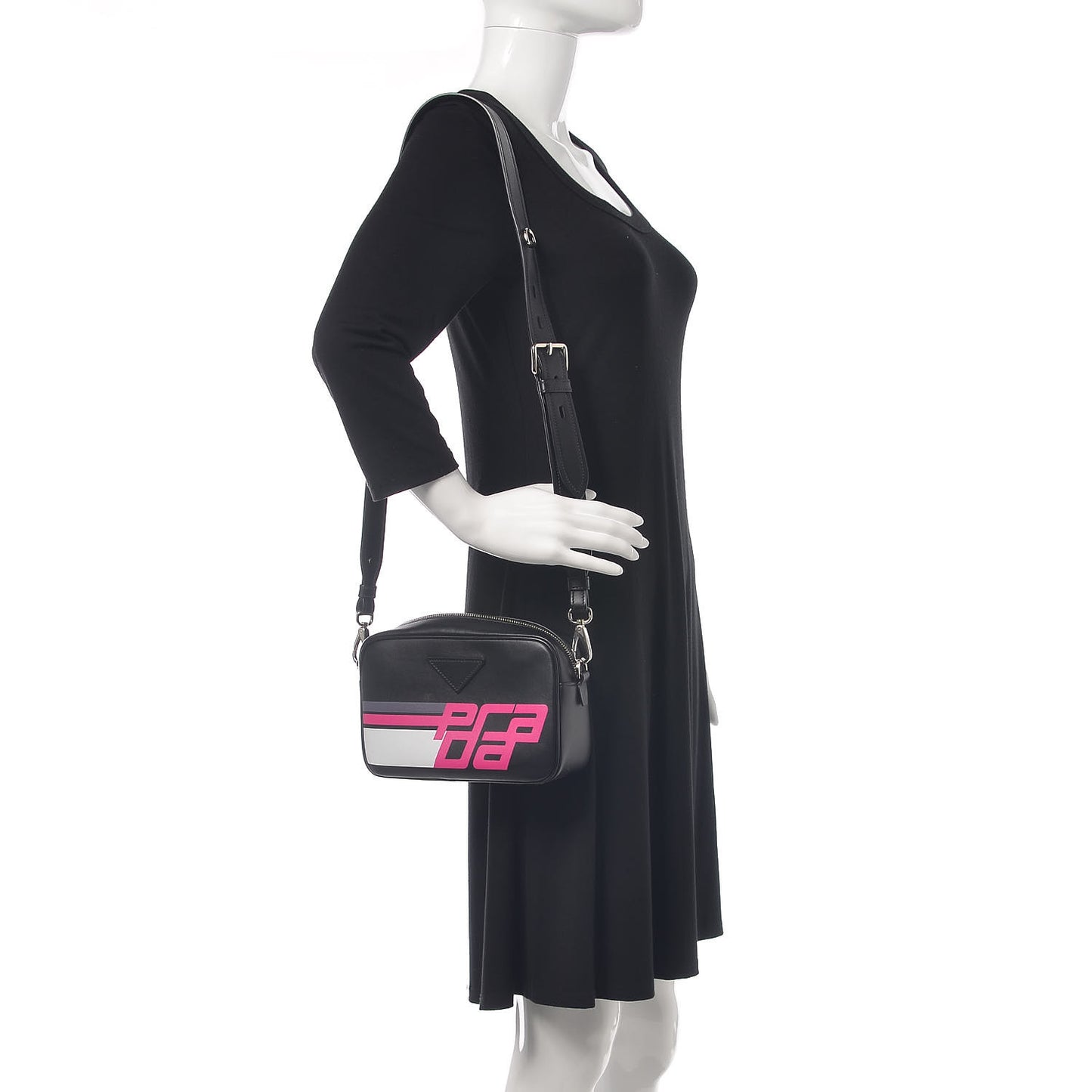 City Calfskin Racing Logo Camera Bag Black Fuxia