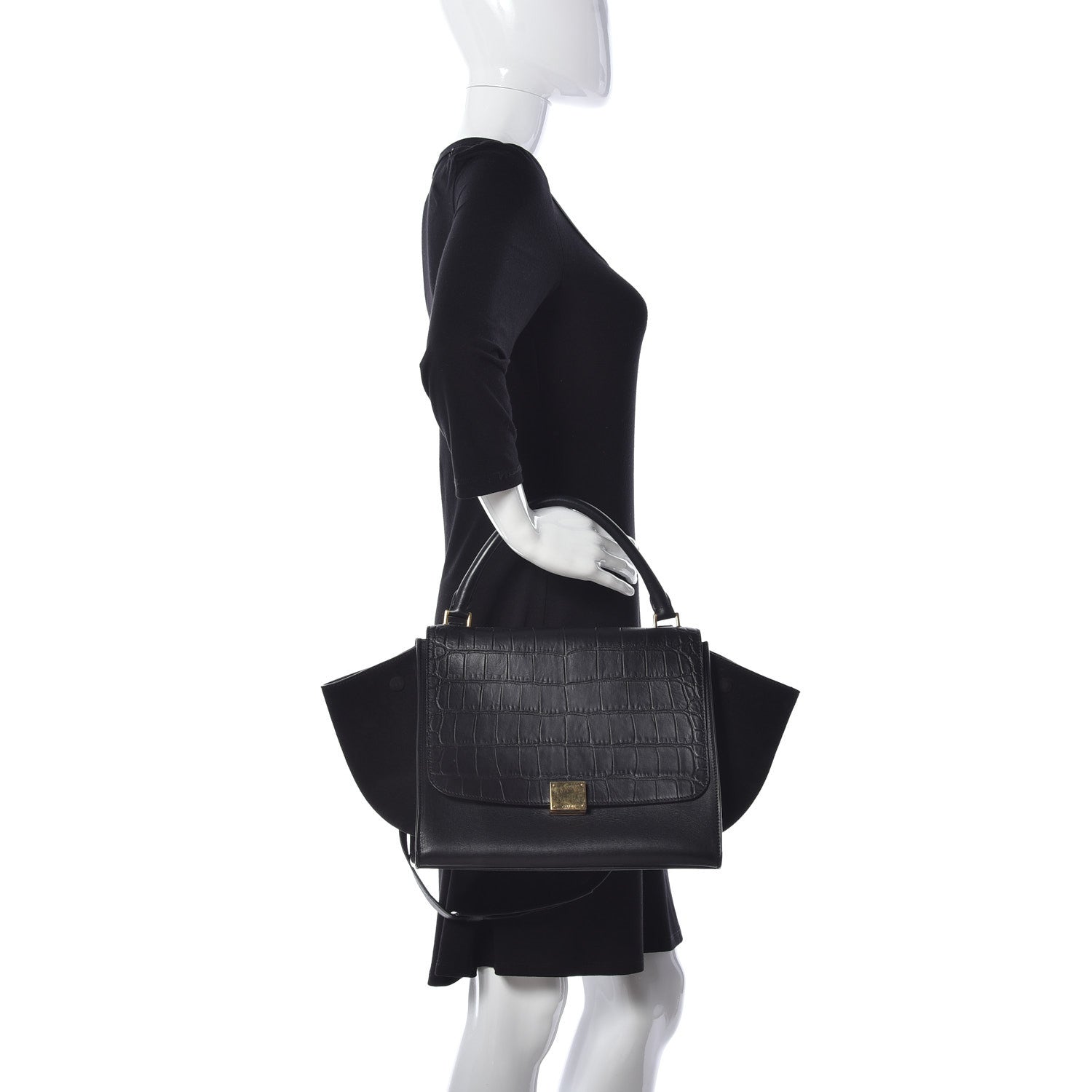 Celine Crocodile Embossed Calfskin Suede Medium Trapeze Black 3 of 10