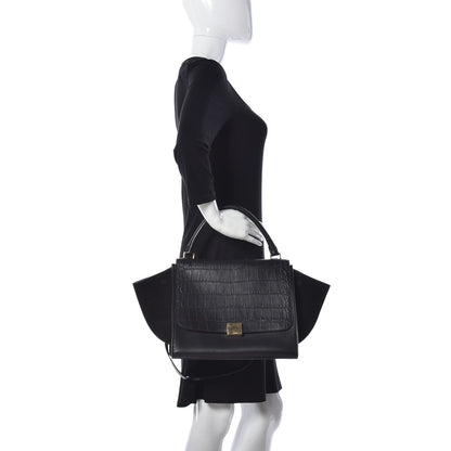 Celine Crocodile Embossed Calfskin Suede Medium Trapeze Black 3 of 10
