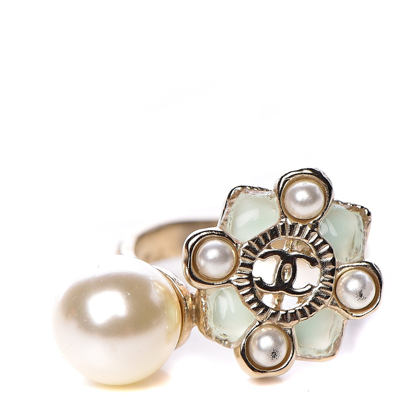Gripoix Pearl CC Ring 6.75 Gold Green