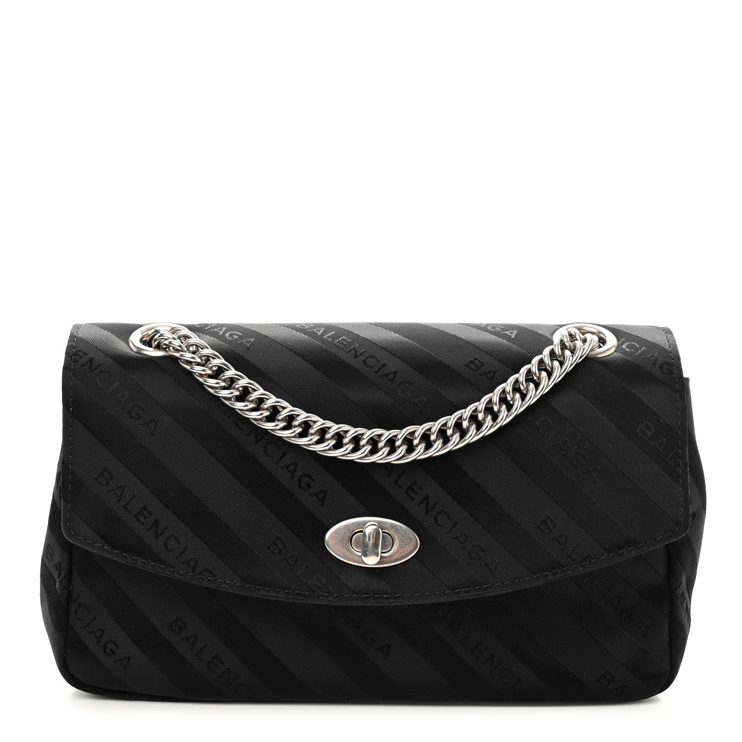 Balenciaga Nylon Jacquard Diagonal Logo Small Scarf Lock Chain Shoulder Bag Black Beige 1 of 9