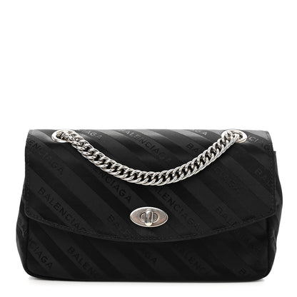 Balenciaga Nylon Jacquard Diagonal Logo Small Scarf Lock Chain Shoulder Bag Black Beige 1 of 9
