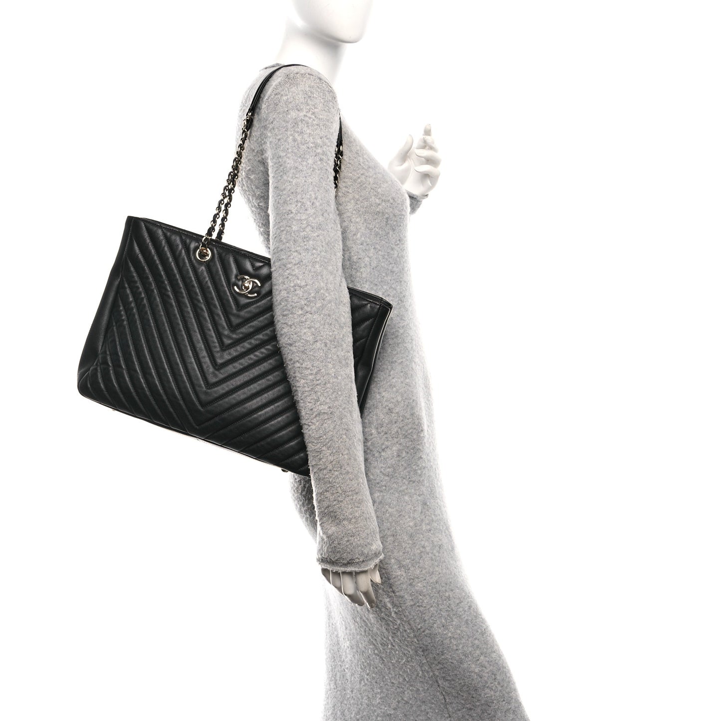 Iridescent Calfskin Chevron Quilted Shopping Tote Black
