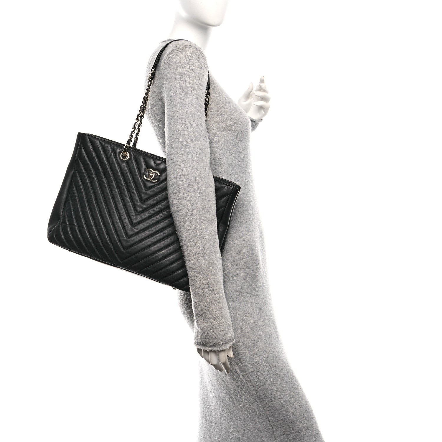 Chanel Iridescent Calfskin Chevron Quilted Shopping Tote Black 2 of 10