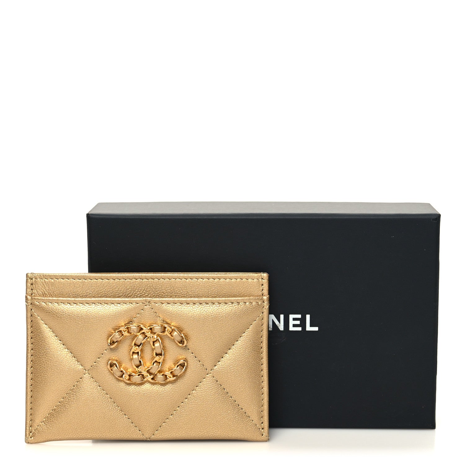 Chanel Metallic Goatskin Quilted Chanel 19 Card Holder Gold 10 of 10
