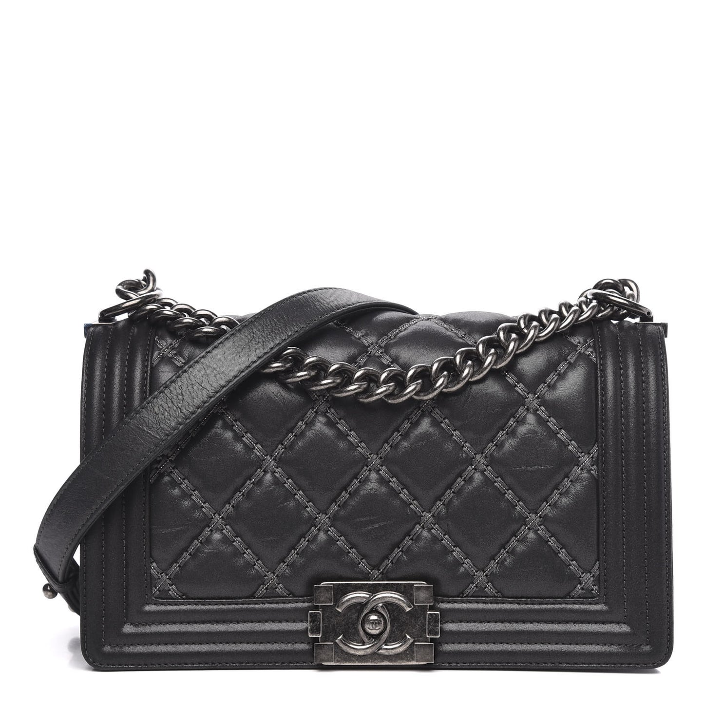 Iridescent Calfskin Embellished Double Stitch Medium Boy Flap Black
