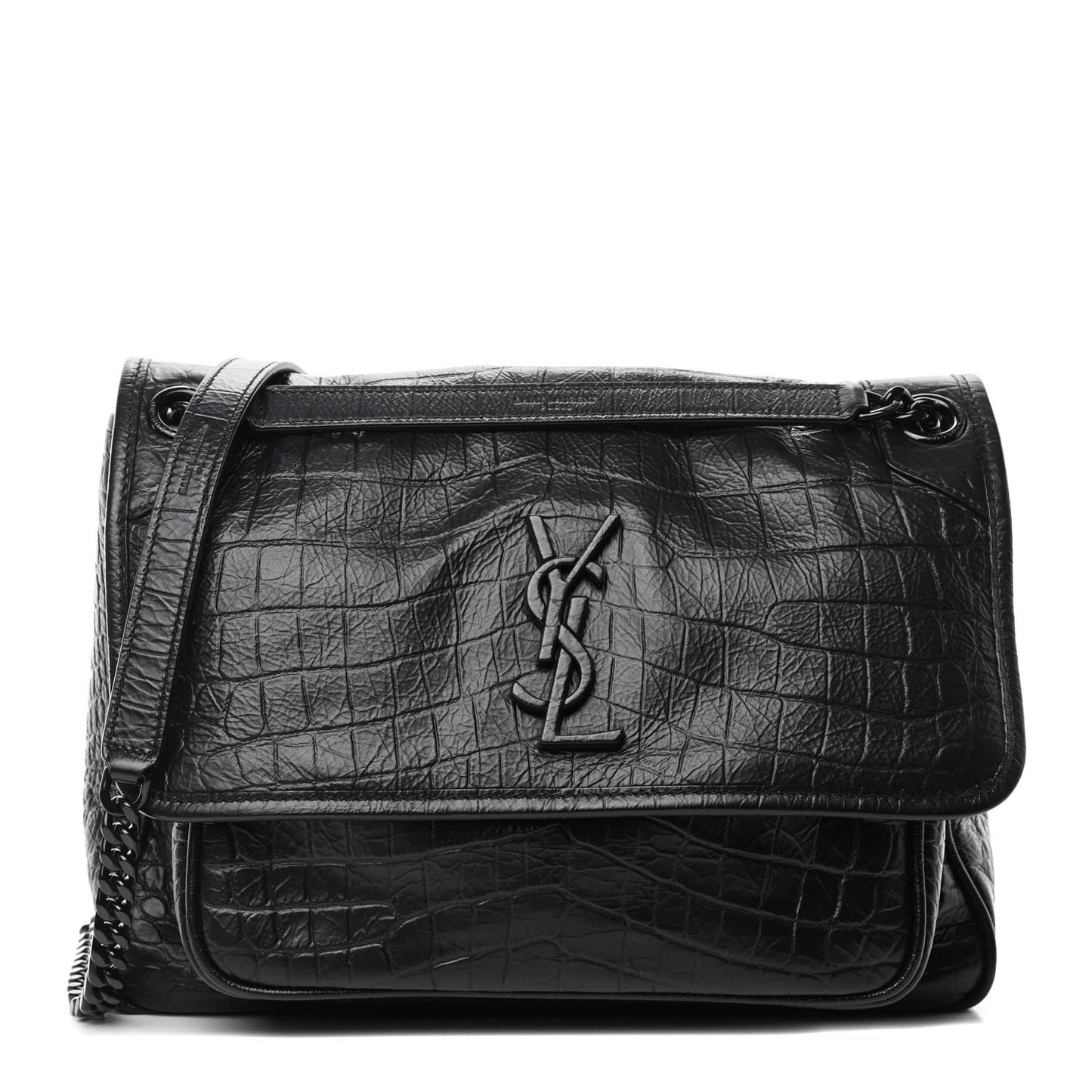 Crocodile Embossed Lambskin Monogram Medium Niki Chain Satchel Black