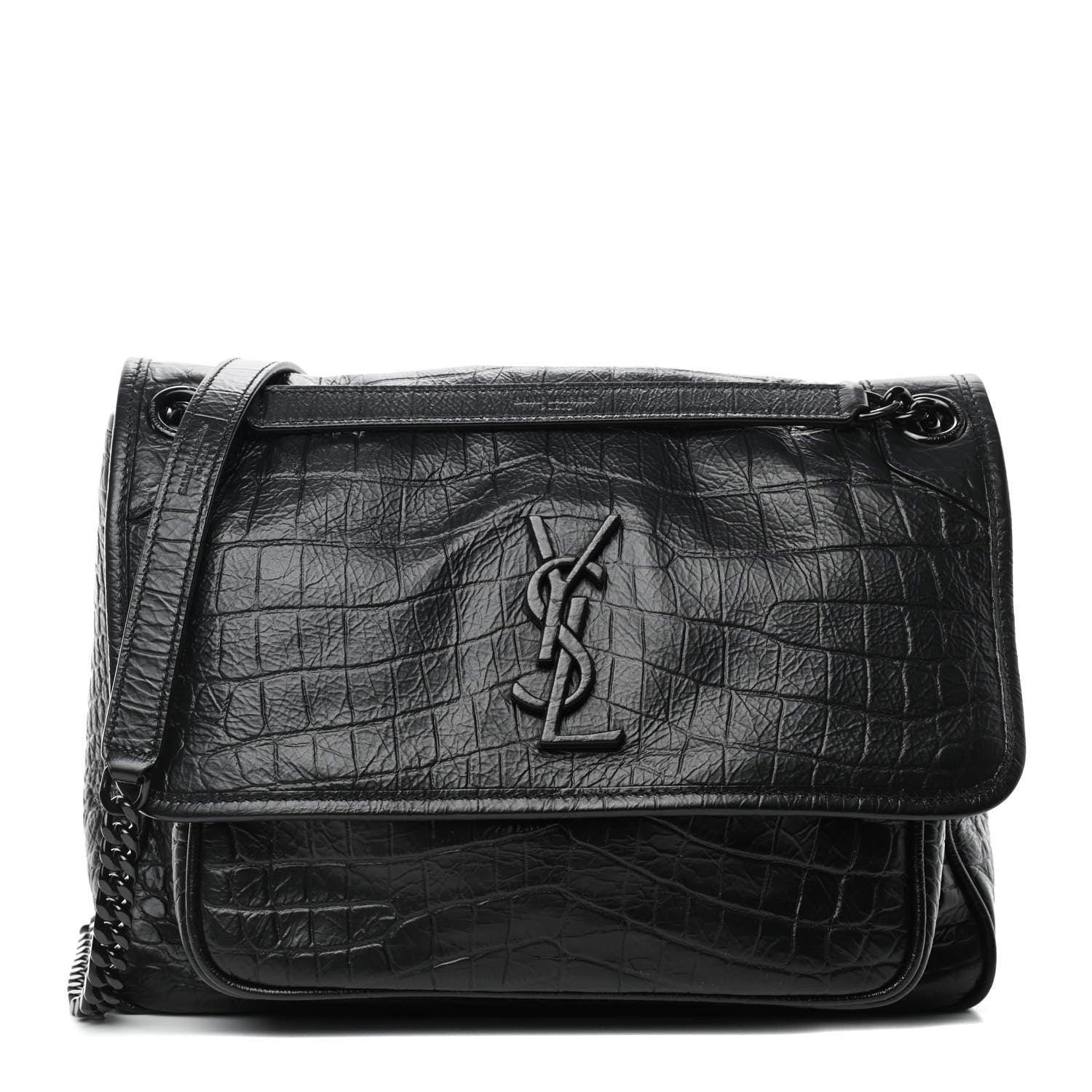 Saint Laurent Crocodile Embossed Lambskin Monogram Medium Niki Chain Satchel Black 1 of 4
