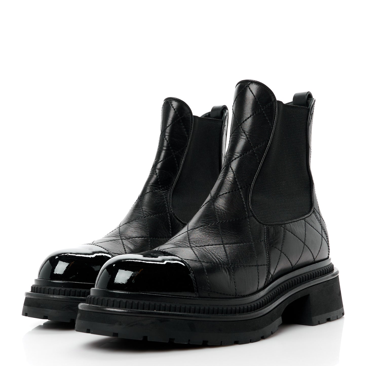 Calfskin Patent Cap Toe Quilted Short Boots 39 Black