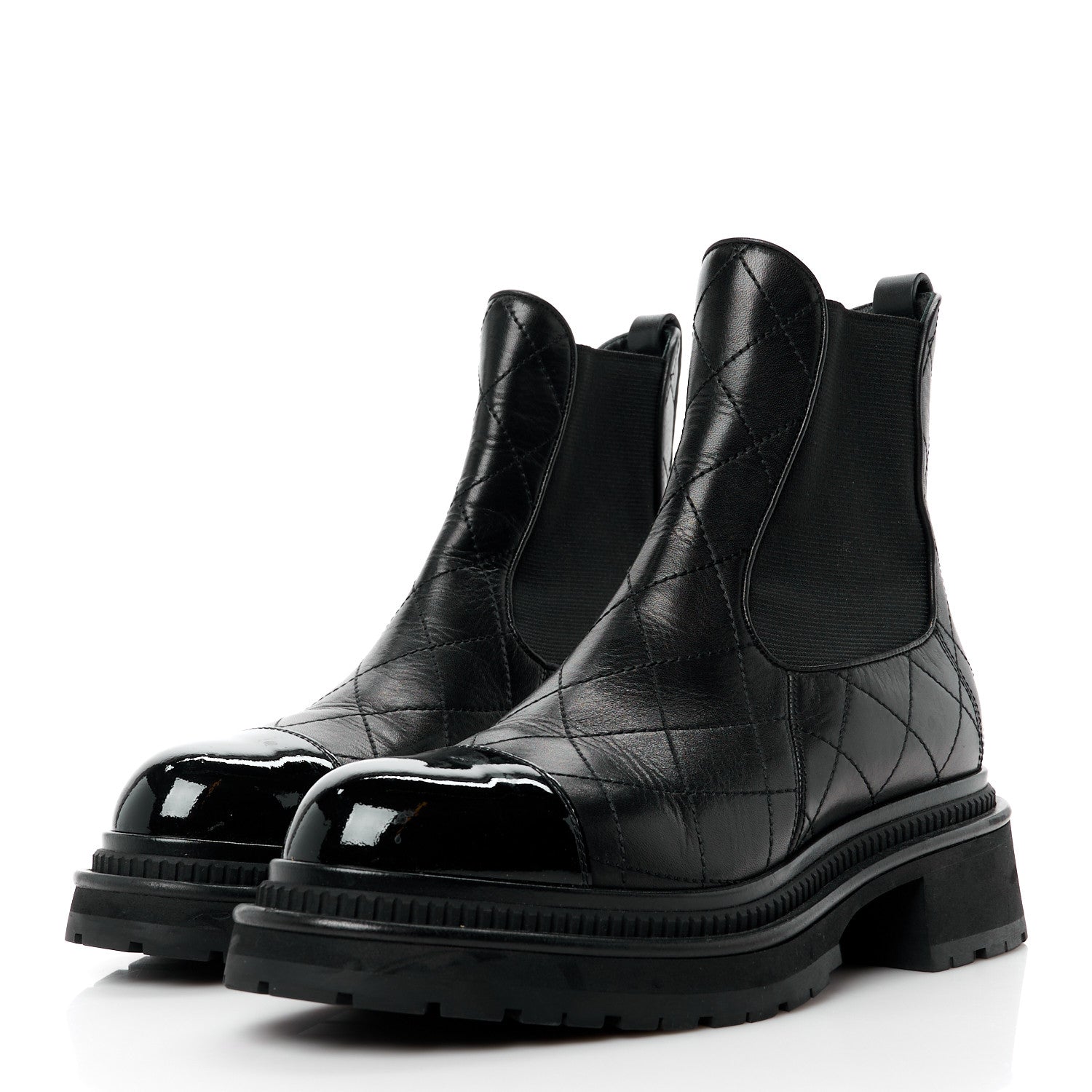 Chanel Calfskin Patent Cap Toe Quilted Short Boots 39 Black 3 of 9