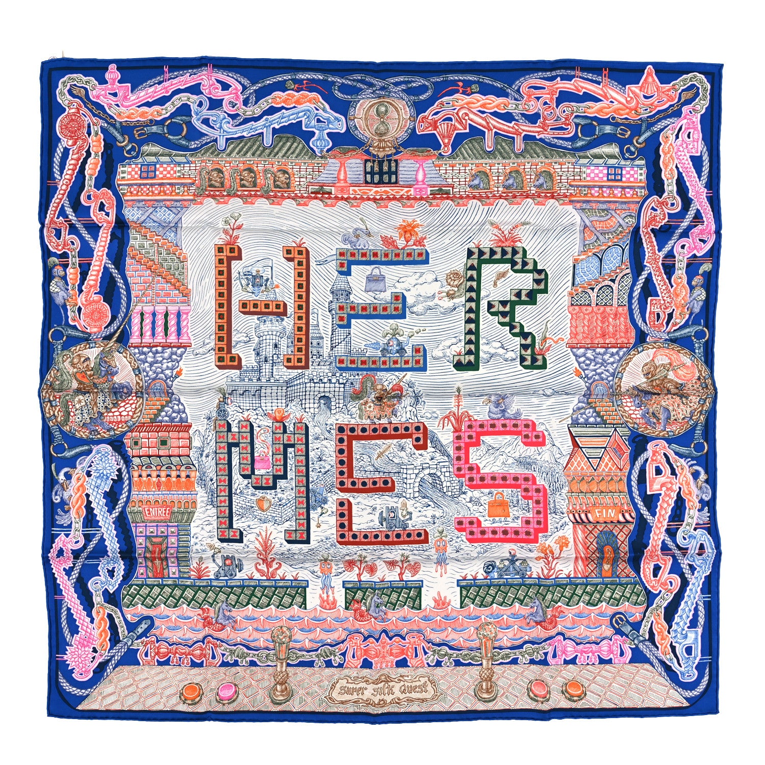 Hermes Silk Super Silk Quest Scarf 90 Bleu Roy Rose Multicolor 1 of 3
