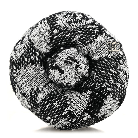 Tweed Camellia Pin Brooch Black Silver