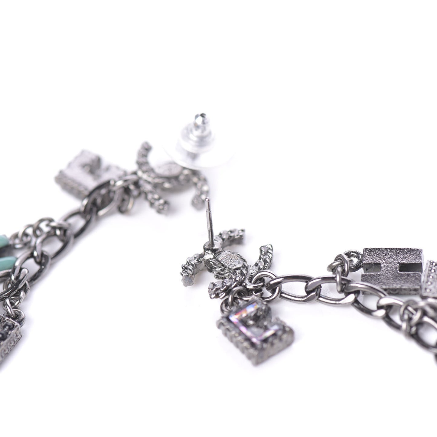 Crystal Enamel Logo Chain Drop Earrings Silver