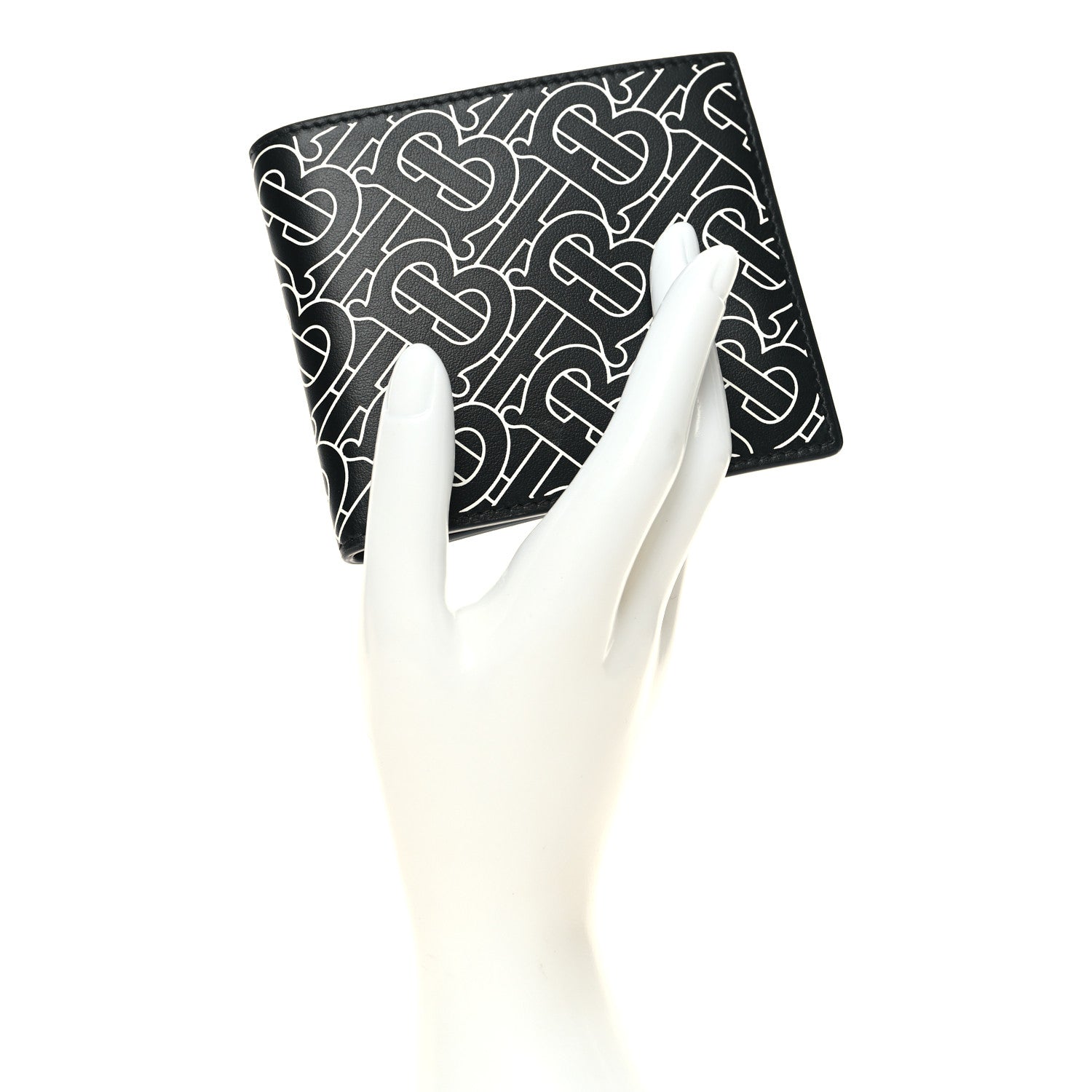 Burberry Calfskin Embossed TB Print Bi-Fold Wallet Black White 2 of 7