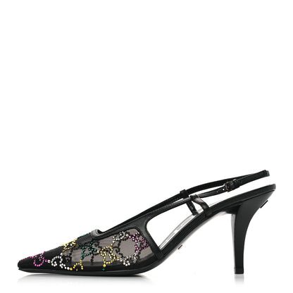Gucci Tela Retino Nappa Charlotte Crystal GG Monogram Square G 75mm Slingback Pumps 38 Black 1 of 9
