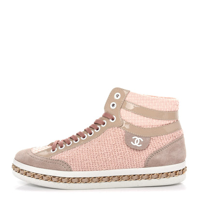 Chanel Tweed Patent Calfskin High Top Sneakers 37 Light Pink Light Beige 1 of 11