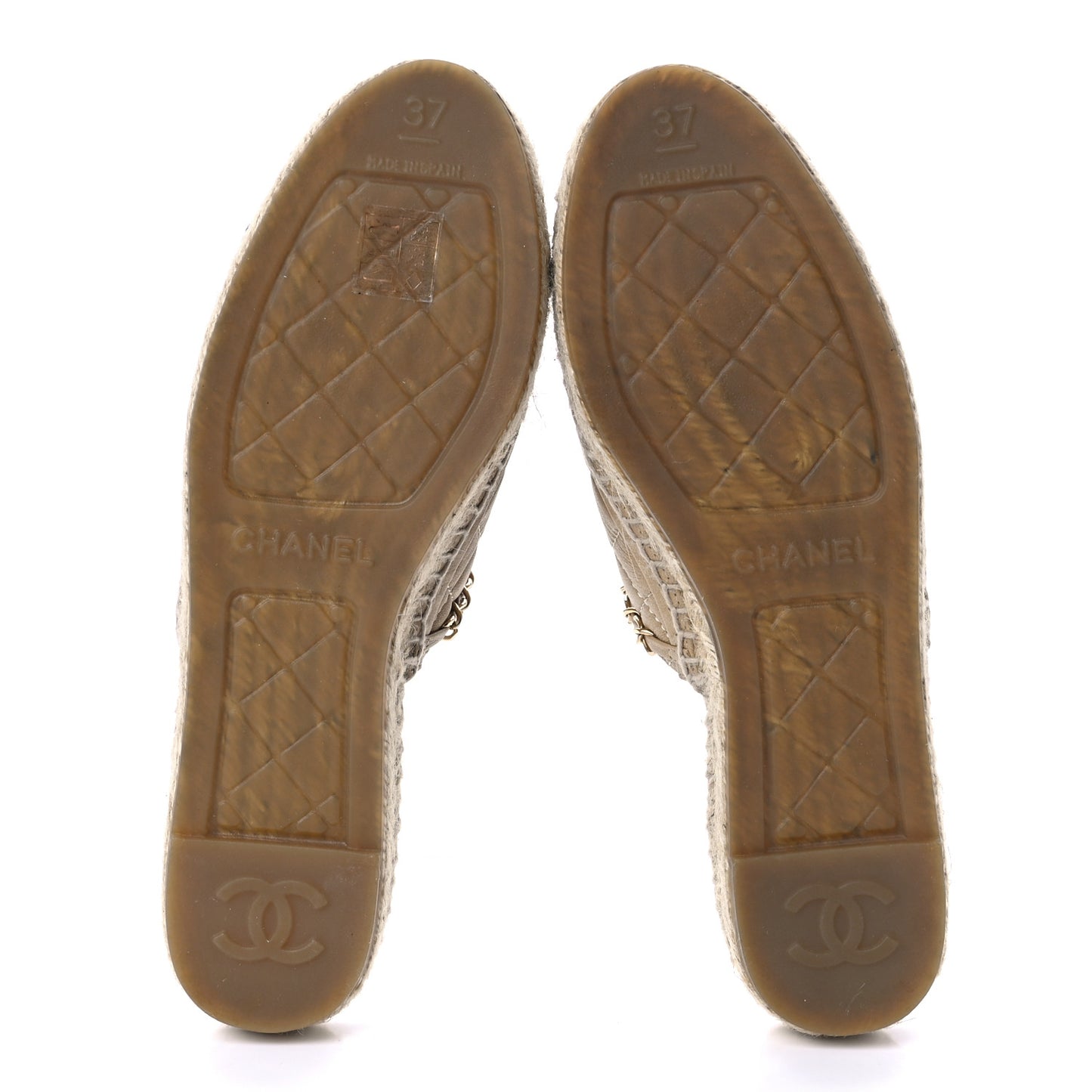 Metallic Calfskin Lambskin Grosgrain Quilted CC Chain Espadrille Mules 37 Gold Black
