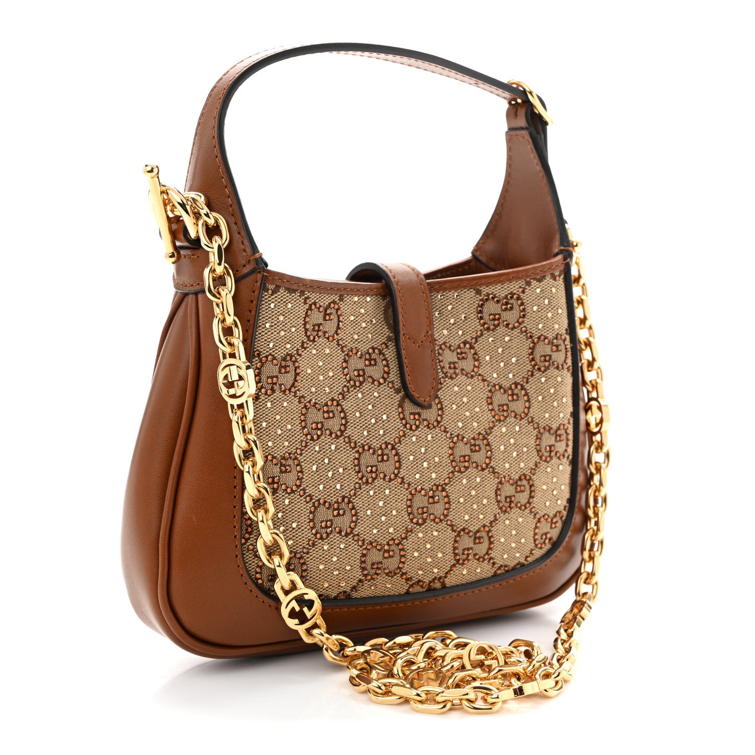Gucci New Canvas Charisma Calfskin Crystal GG Monogram Mini Jackie 1961 Hobo Camel Ebony 3 of 12