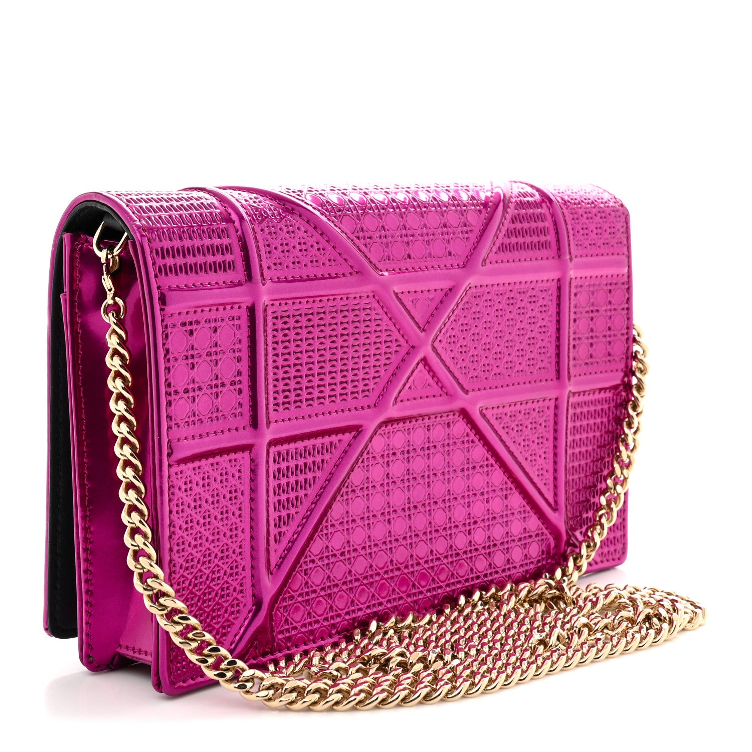 Christian Dior Metallic Patent Micro-Cannage Diorama Wallet on Chain Pouch Pink 3 of 12