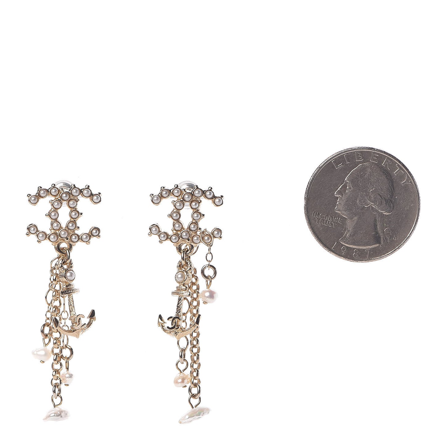 Pearl Chain CC Anchor Drop Earrings Pearly White Gold