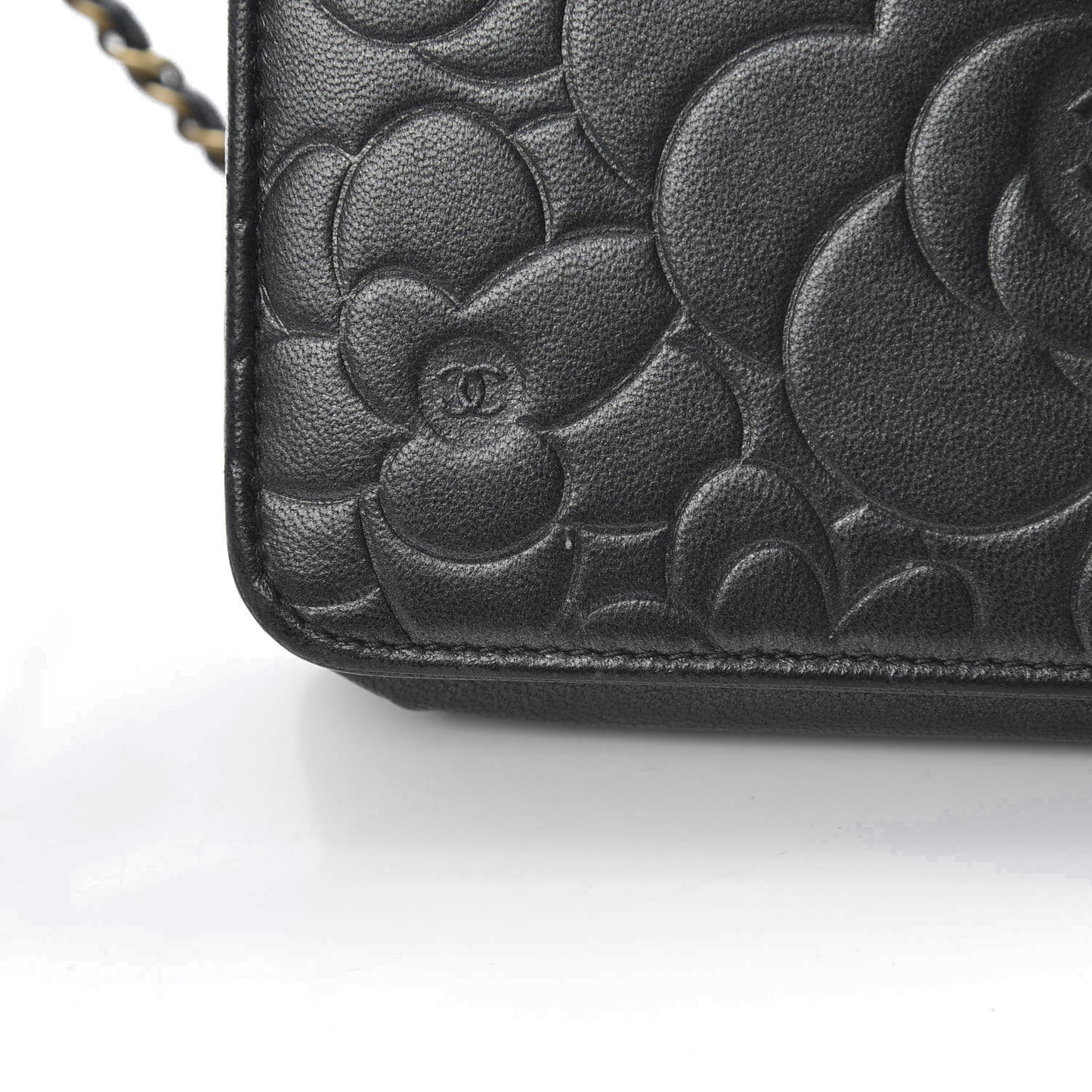 Lambskin Camellia Embossed Wallet on Chain WOC Black