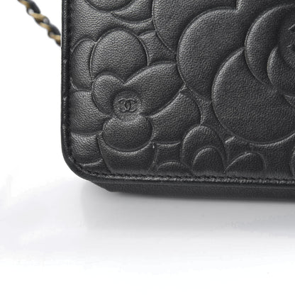 Chanel Lambskin Camellia Embossed Wallet on Chain WOC Black 13 of 15