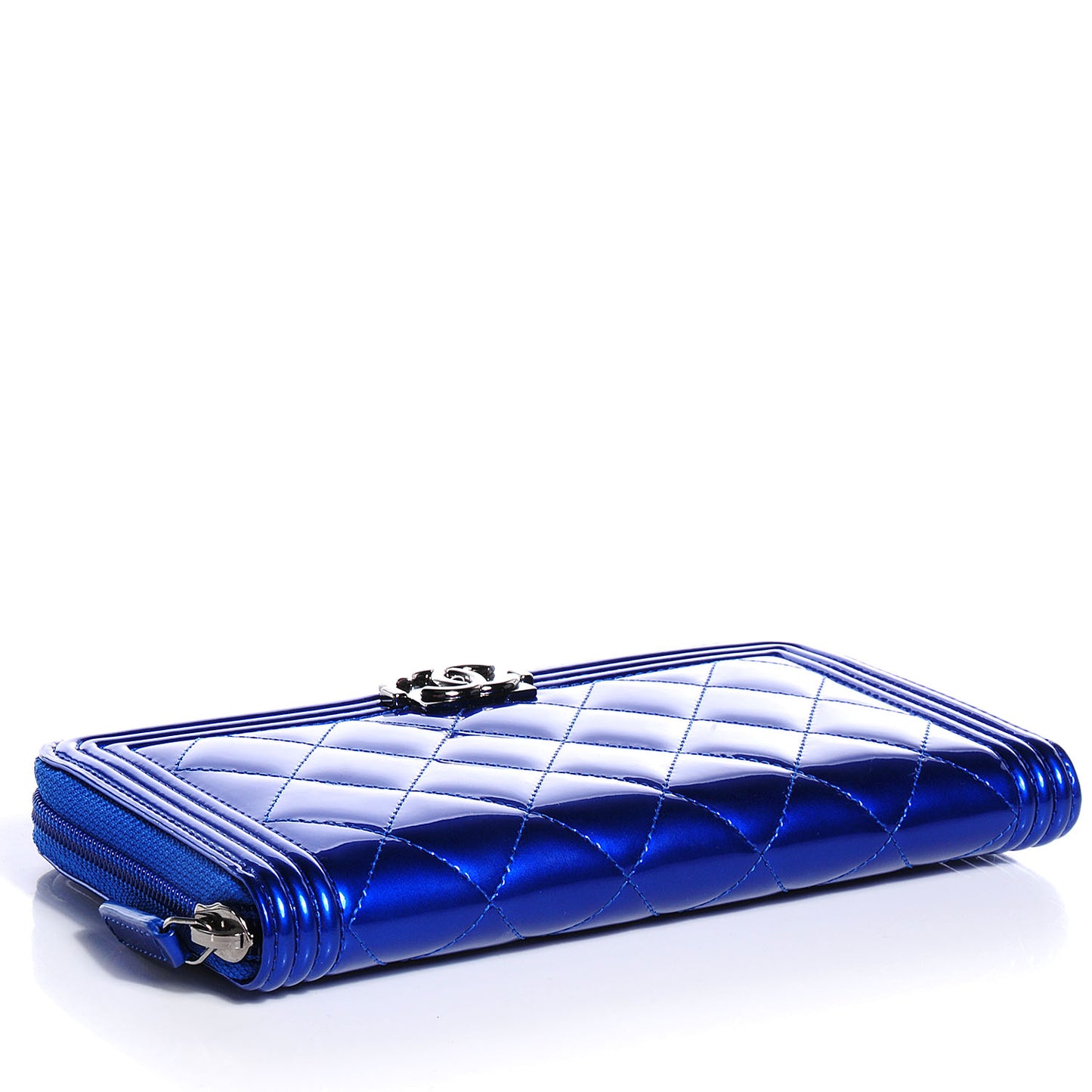 Metallic Patent Quilted Boy L-Gusset Zip Wallet Blue